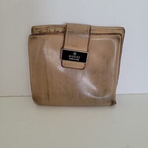 GUCCI Logo Plate Leather Card Bill‎ Wallet Medium Bifold Solid Beige Tan Fair